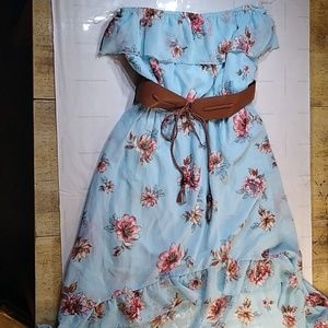 #582 Junior XL Blue strapless high low dress with faux leather belt